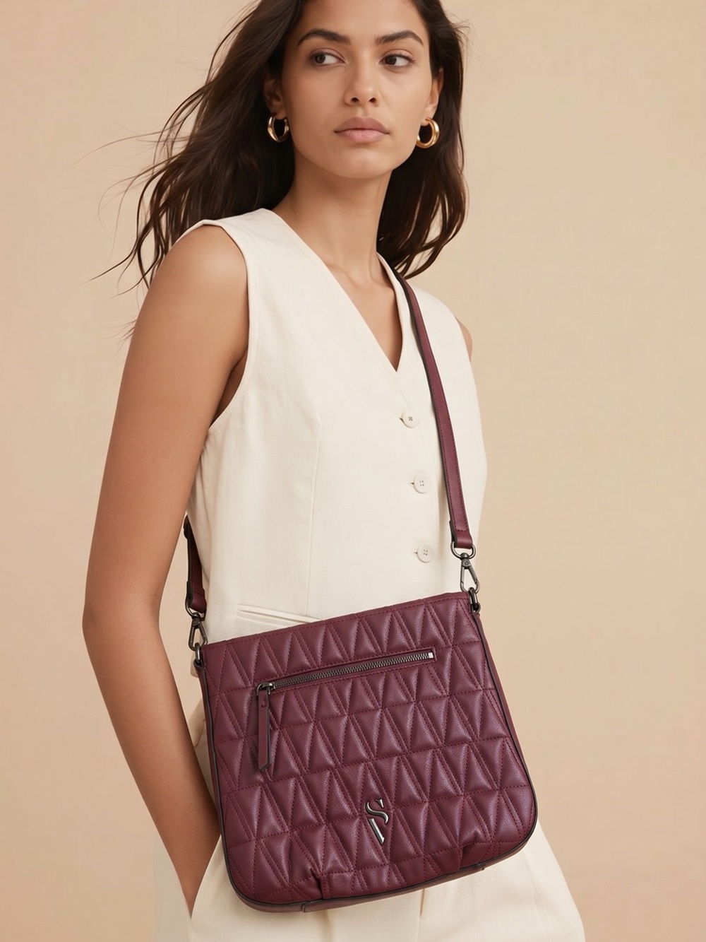 Simply Vera Vera Wang Remsen Quilted Crossbody Bag Burgundy Wine Faux Leather
